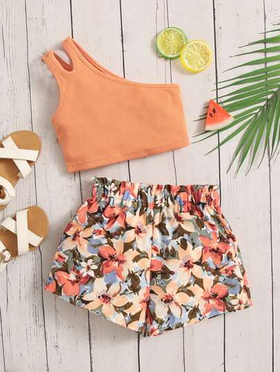 SHEIN Đứa bé gái Một bờ vai Cắt ra Áo & In hoa Nếp gấp cao eo Quần short