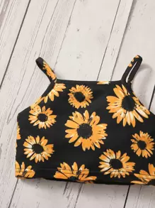 SHEIN Baby Girl Sunflower Print Cami Top & Shorts - Black - View 4