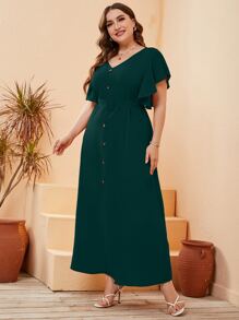 Mulvari Đầm Plus Size Thắt lưng Nút phía trước màu trơn Giải trí - Màu xanh lá cây đậm - Xem 1