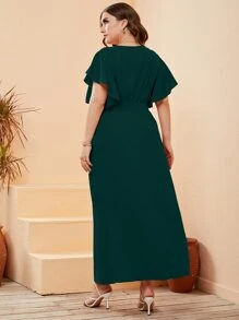 Mulvari Đầm Plus Size Thắt lưng Nút phía trước màu trơn Giải trí - Màu xanh lá cây đậm - Xem 2