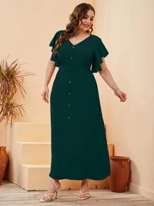 Mulvari Đầm Plus Size Thắt lưng Nút phía trước màu trơn Giải trí - Màu xanh lá cây đậm - Xem 3