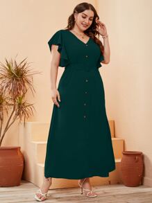 Mulvari Đầm Plus Size Thắt lưng Nút phía trước màu trơn Giải trí - Màu xanh lá cây đậm - Xem 4