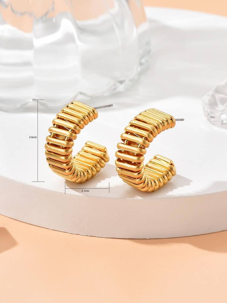 Pendientes de tuerca circulares en forma de C huecos chapados en cobre de nuevo diseño, joyería de oreja de estilo minimalista europeo y americano, 1 par - Amarillo Oro - Ver 4