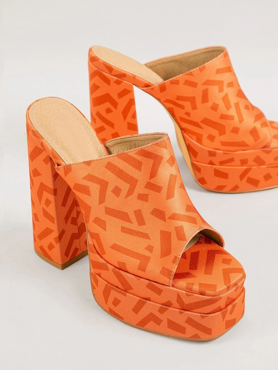 Funky Mule Sandals For Women, Geometric Pattern Single Band Platform Chunky Heeled Sandals - Orange - View 1