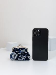 Floral Pattern Kiss Lock Coin Purse Lightweight,Fashion Money For Anniversary,For Birthday Gift,For Gift White-Collar Workers,For Male,For Female - Navy Blue - View 3