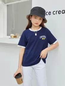 SHEIN Tween Girl Letter Graphic Drop Shoulder Ringer Tee - Navy Blue - View 4