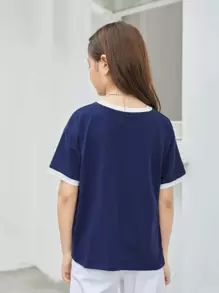 SHEIN Tween Girl Letter Graphic Drop Shoulder Ringer Tee - Navy Blue - View 2
