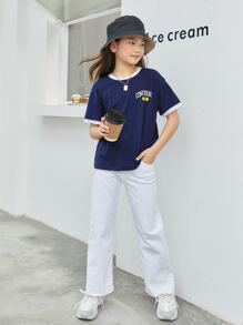 SHEIN Tween Girl Letter Graphic Drop Shoulder Ringer Tee - Navy Blue - View 5