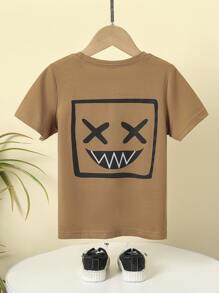 SHEIN 1 pieza Top de manga corta cómodo y transpirable con estampado de cara sonriente para niño joven, adecuado para primavera y otoño, ocasiones informales, versátil para fiestas, uso diario, escuela, viajes, y reuniones