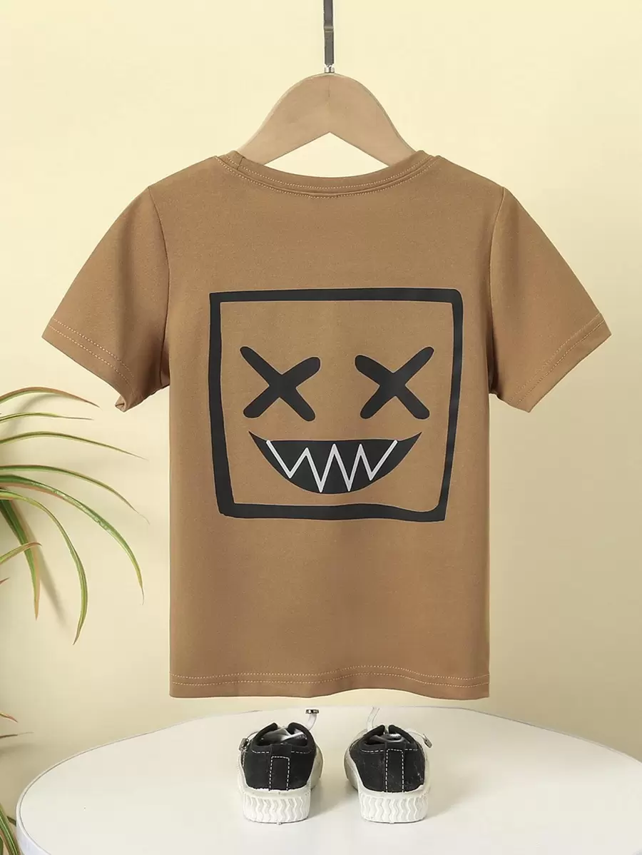 SHEIN 1 pieza Top de manga corta cómodo y transpirable con estampado de cara sonriente para niño joven, adecuado para primavera y otoño, ocasiones informales, versátil para fiestas, uso diario, escuela, viajes, y reuniones
