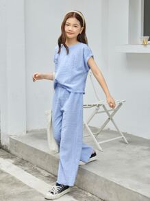 SHEIN Girls Batwing Sleeve Textured Top & Wide Leg Trousers - Blue - View 1