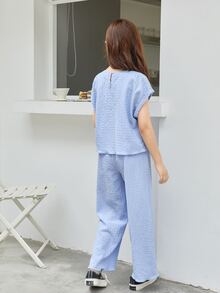 SHEIN Girls Batwing Sleeve Textured Top & Wide Leg Trousers - Blue - View 2