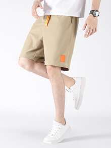 Manfinity Hombres Shorts con diseño de parche de cintura con cordón - Caqui - Ver 3