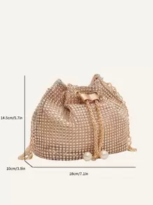 1个时尚纯色链条肩带迷你水桶斜挎包，银色水钻优雅派对风闪亮珍珠金属链条抽绳水桶斜挎包，适合女士晚宴、日常场合、夜店、购物、化妆品收纳，时尚单品 - 金色 - 查看 6