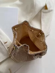 1个时尚纯色链条肩带迷你水桶斜挎包，银色水钻优雅派对风闪亮珍珠金属链条抽绳水桶斜挎包，适合女士晚宴、日常场合、夜店、购物、化妆品收纳，时尚单品 - 金色 - 查看 5