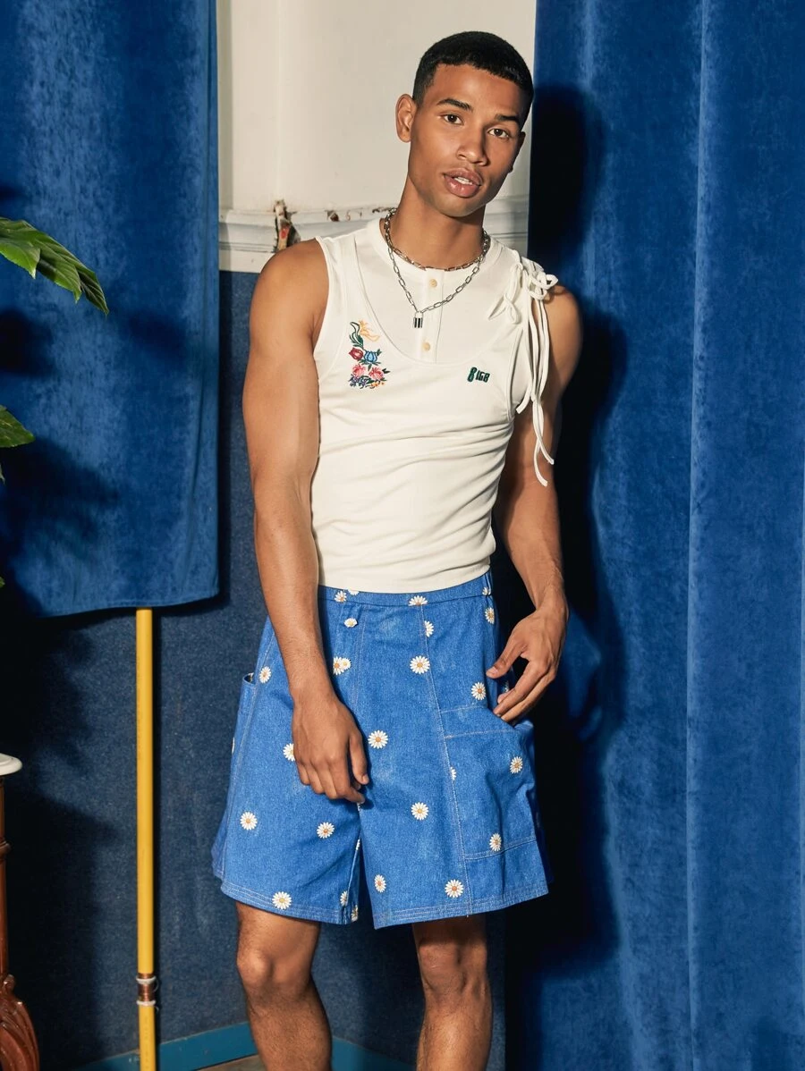 8IGB 男士花卉刺繡紐扣半開襟背心 - 白色 - 查看 1