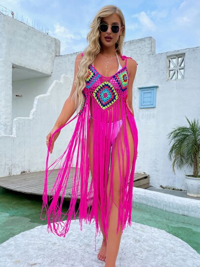Tie Shoulder Fringe Hem Cover Up Without Bikini