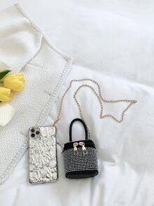 Mini Rhinestone Decor Bucket Bag - Black - View 8