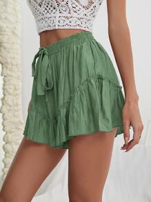 Ruffle Hem Tie Waist Shorts - Green - View 4