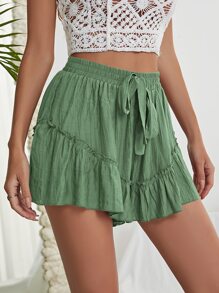 Ruffle Hem Tie Waist Shorts - Green - View 6