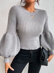 SHEIN Essnce Jersey de manga farol tejido de canalé - Gris - Ver 4