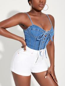 SHEIN SXY Quần yếm & áo liền quần denim dành cho nữ Lộ Lưng Cắt ra Dây kéo Ren lên Denim mùa giặt màu trơn Gợi cảm - Rửa trung bình - Xem 4