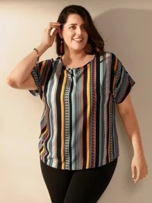 EMERY ROSE Blusa con estampado geométrico de rayas de manga murciélago - Multicolor - Ver 5