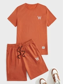 Manfinity Homme Men Letter Graphic Slogan Patched Detail Tee & Drawstring Waist Shorts - Orange - View 6
