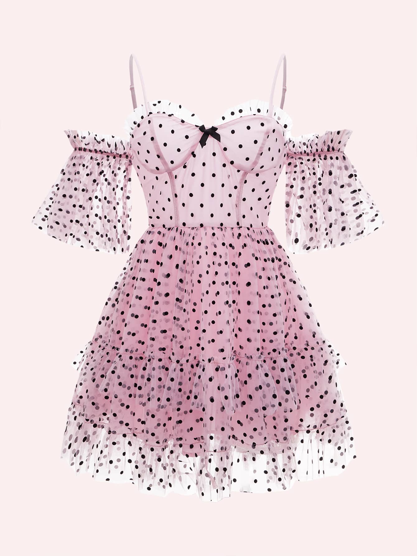 Shein Mod Polka Dot Cold Shoulder Flounce Sleeve Layered Hem Mesh Dress Shein Usa