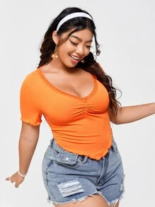 SHEIN EZwear Áo thun Plus size Bất đối xứng Tương phản ren Xù nhỏ màu trơn Giải trí - trái cam - Xem 4