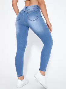 SHEIN Essnce Quần jean nữ Nút Túi Bị tách Dây kéo màu trơn - Rửa nhẹ - Xem 2