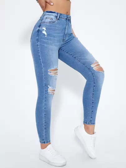 SHEIN Essnce Ripped Moustache Effect Skinny Jeans