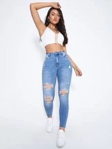SHEIN Essnce Quần jean nữ Nút Túi Bị tách Dây kéo màu trơn - Rửa nhẹ - Xem 3