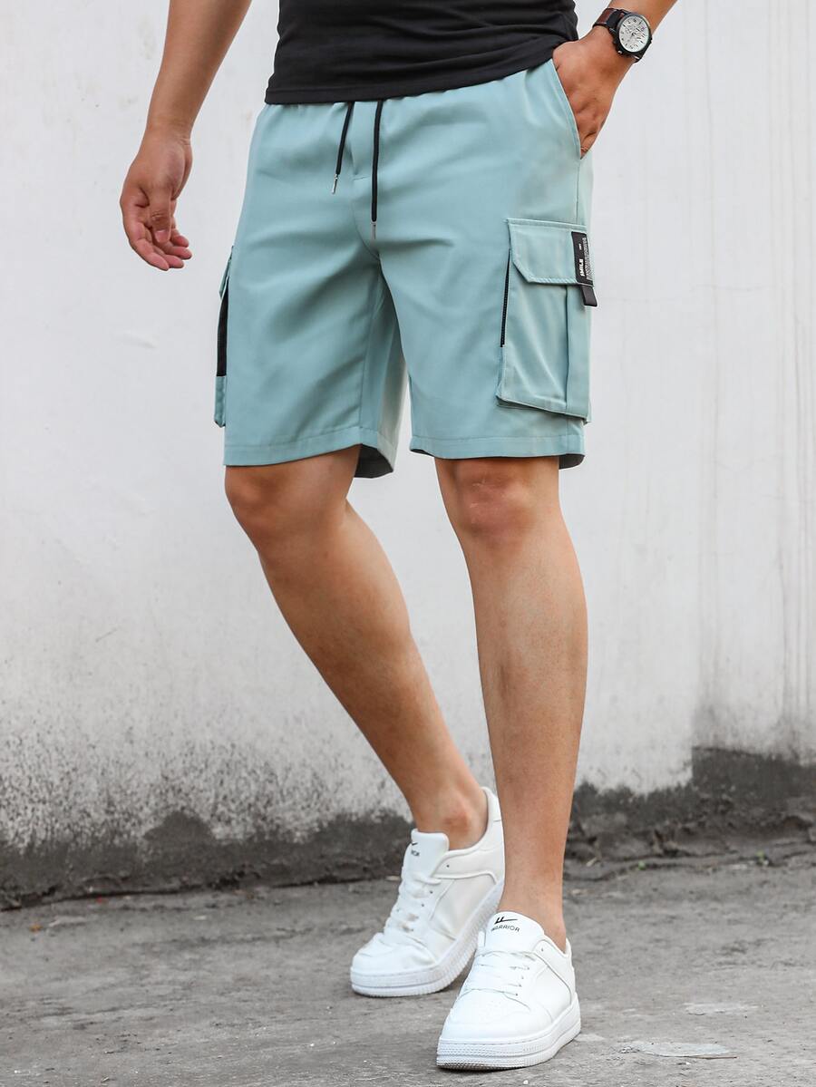 Manfinity Men Slogan Patched Detail Flap Pocket Drawstring Waist Cargo Shorts - Mint Green - View 1