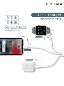 3 en 1 Cable de dato Lightning & Cargador inalámbrico compatible con Apple Watch - Blanco - Ver 5