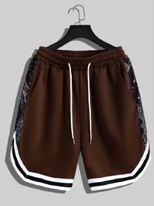 Manfinity Campus Court Aesthetic Post--Men Contrast Paisley Side Seam Drawstring Waist Shorts - Coffee Brown - View 1