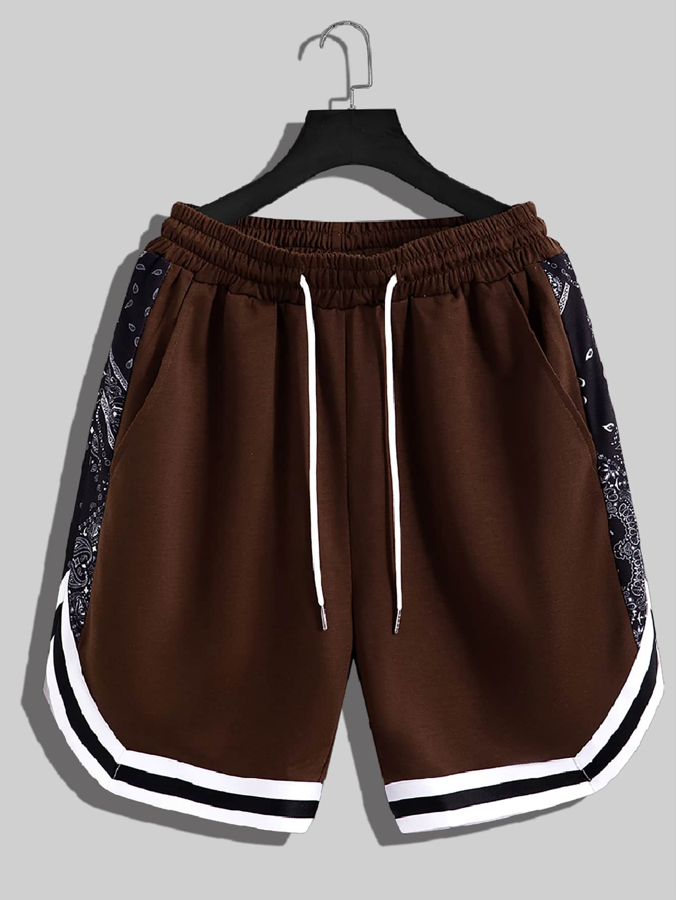 Manfinity Campus Court Aesthetic Post--Men Contrast Paisley Side Seam Drawstring Waist Shorts - Coffee Brown - View 1