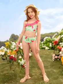Tween Girl 随机花卉和西瓜印花荷叶边比基尼套装夏季海滩 - 綠色 - 查看 5