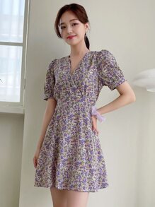 DAZY 滿版印花後綁帶泡泡袖連衣裙 - 彩色 - 查看 1