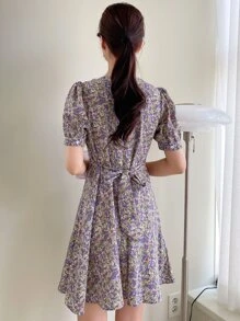 DAZY 滿版印花後綁帶泡泡袖連衣裙 - 彩色 - 查看 2