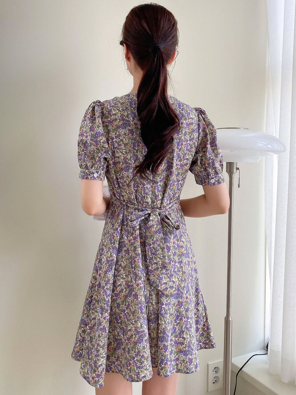 All Over Floral Print Tie Back Puff Sleeve Dress