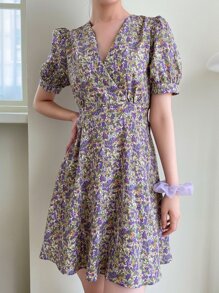 DAZY 滿版印花後綁帶泡泡袖連衣裙 - 彩色 - 查看 3