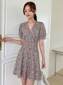 DAZY 滿版印花後綁帶泡泡袖連衣裙 - 彩色 - 查看 4