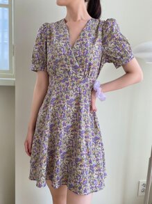 DAZY 滿版印花後綁帶泡泡袖連衣裙 - 彩色 - 查看 6