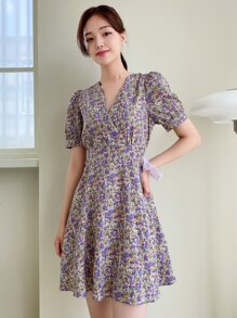 DAZY 滿版印花後綁帶泡泡袖連衣裙 - 彩色 - 查看 9