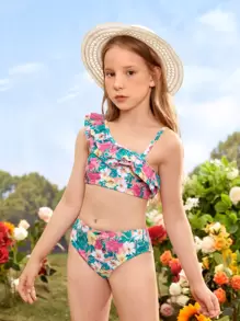 Tween Girl 满身花卉印花荷叶边比基尼套装 夏日海滩 - 彩色 - 查看 1