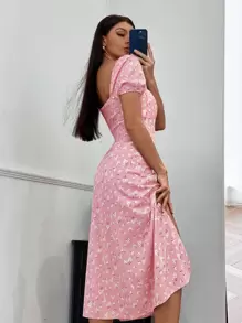 GENKIRA Ditsy Floral Print Split Hem Dress - Baby Pink - View 2