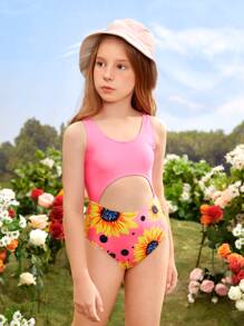 Niñas Bañador una pieza al azar con estampado de girasol de cintura con abertura - Multicolor - Ver 3