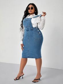 SHEIN SXY 大碼開叉後背十字交叉牛仔背帶裙不帶襯衫 - 中等水洗藍 - 查看 5