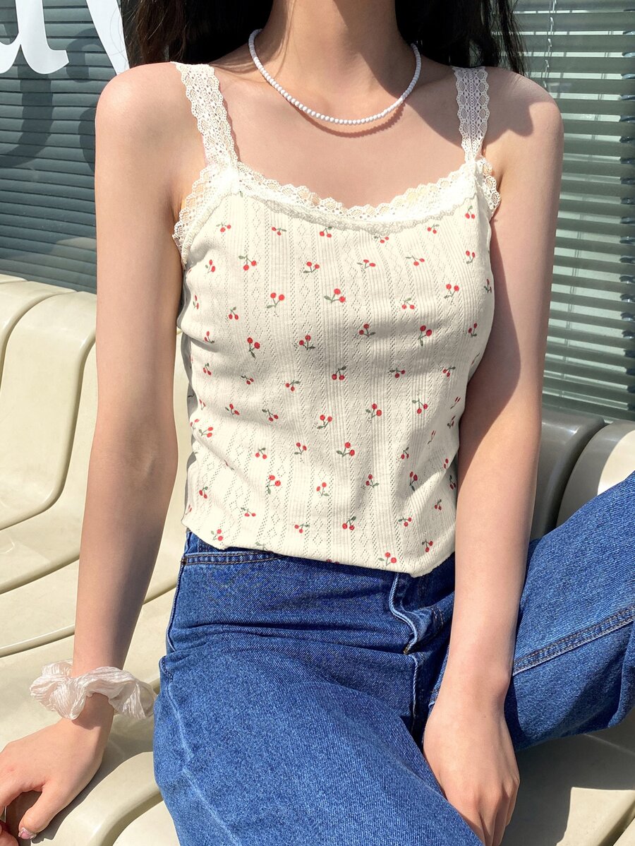 DAZY Cherry Print Contrast Lace Tank Top - Beige - View 1